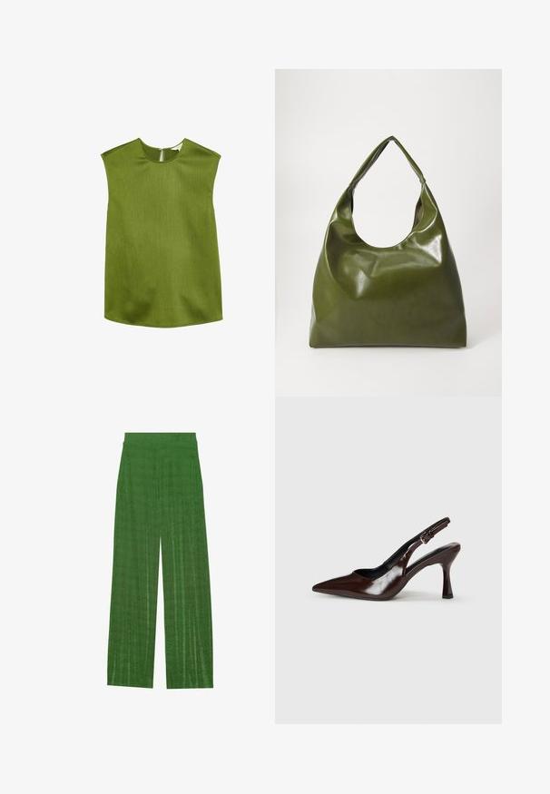 Groene, mouwloze top met een ronde halslijn en licht gestructureerde schouders. Heeft een textuurstof en een discrete ritssluiting aan de achterkant.; Groene wijde broek gemaakt van textuurstof, met een hoge tailleband en verticale strepen voor een vloeiende silhouet.; Bruine gepatineerde leren slingback pumps met een spitse neus, een dunne hak en een verstelbaar bandje met een kleine gesp.; Groene leren hobotas met een slordig ontwerp, gebogen handvat en een gladde textuur. Bevat geen zichtbare hardware of accenten.