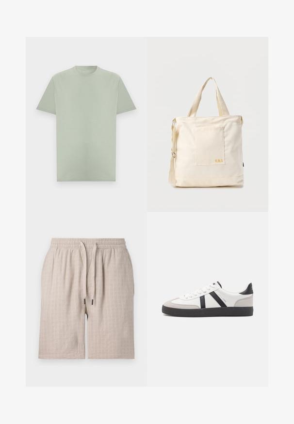 T-shirt vert clair à manches courtes et col rond avec une texture subtile de rayures horizontales, présenté sur un fond neutre.; Shorts beige texturés avec une taille élastique et un cordon de serrage. Présentent un subtil motif en carreaux et une coupe ample. Aucune poche visible.; Baskets blanches avec des accents noirs et gris, présentant un embout texturé gris, une semelle en caoutchouc noir et des lacets plats blancs. Design épuré, style minimaliste.; Sac fourre-tout en toile crème avec poche avant, deux poignées, bandoulière réglable et petit texte jaune "O.N.S" en bas à droite de la poche.