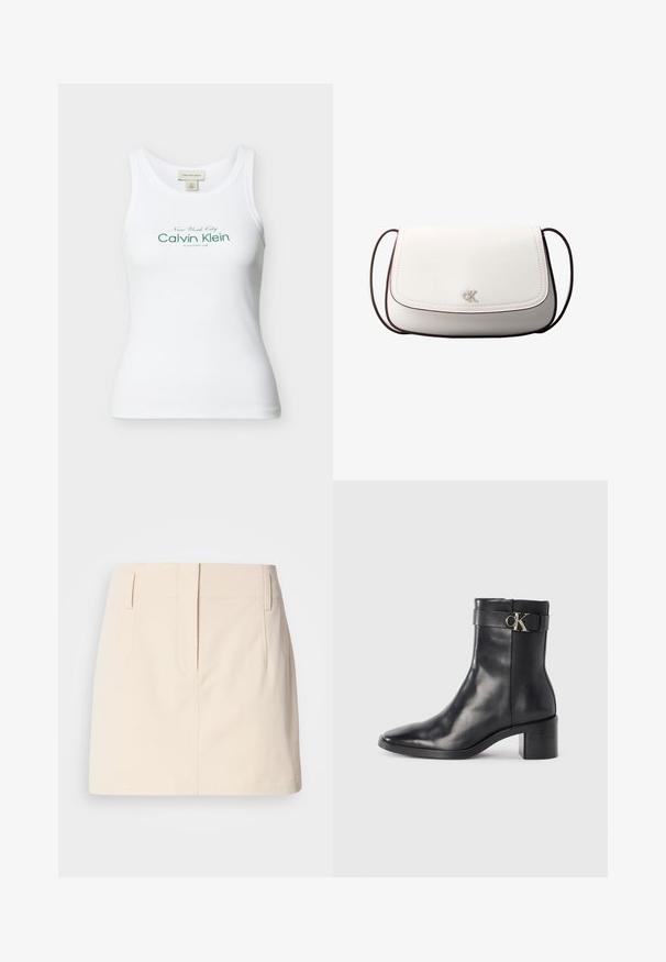 Λευκή ριμπ αμάνικη μπλούζα Calvin Klein με πράσινο κείμενο "New York City Calvin Klein Established 1968" μπροστά.; Calvin Klein Jeans SKIRT - Φούστα σε γραμμή Α - fog; Μαύρη δερμάτινη μπότες μέχρι τον αστράγαλο με μυτερή μύτη, τετράγωνη φτέρνα και λουρί με μεταλλικό λογότυπο. Λείος υφή και μίνιμαλ σχέδιο.; Λευκή τσάντα χιαστί με κλείσιμο με καπάκι, μικρό ασημί λογότυπο "cK" στο κέντρο και λεπτό, σκούρο καφέ ρυθμιζόμενο λουράκι.