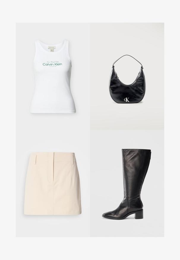 Débardeur Calvin Klein blanc côtelé sans manches avec texte vert « New York City Calvin Klein Established 1968 » sur le devant.; Calvin Klein Jeans SKIRT - Jupe trapèze - fog; Botte noire en cuir montante, avec un bout carré, un talon large et un design épuré. Texture lisse avec une fermeture éclair sur le côté pour un enfilage facile.; Sac à main en cuir noir en forme de croissant avec une sangle courte et un logo "cK" argenté sur le devant, fermeture éclair en haut.