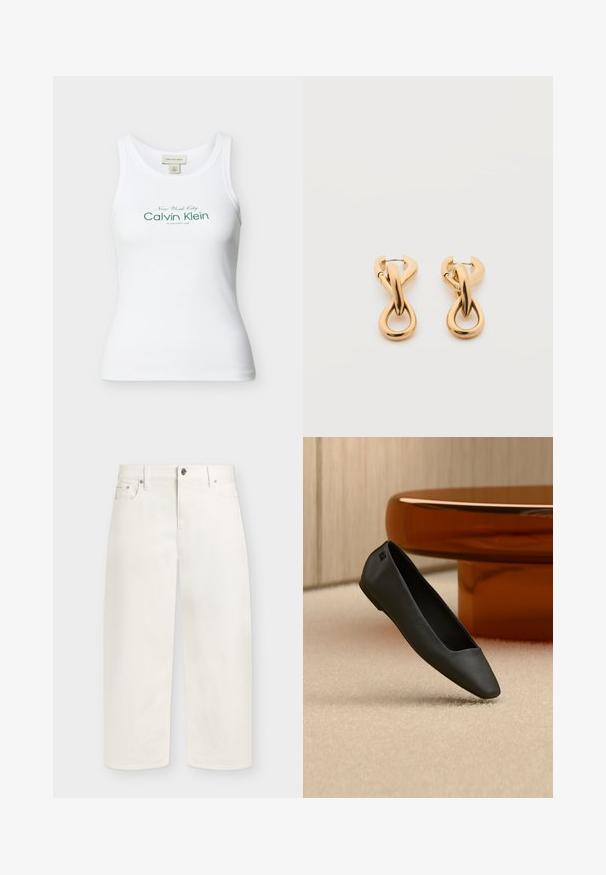 Débardeur Calvin Klein blanc côtelé sans manches avec texte vert « New York City Calvin Klein Established 1968 » sur le devant.; Jean blanc à jambe droite avec fermeture par bouton et zip, passants de ceinture et poches avant, présenté sur un fond uni.; Chaussure plate noire à bout pointu reposant sur un tapis beige près d'une table ronde de couleur ambre dans un décor minimaliste.; Paire de boucles d'oreilles créoles en bouclettes dorées brillantes sur fond blanc uni, présentant un design torsadé entrelacé.