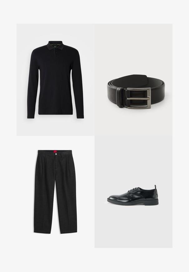 Schwarzes Langarm-Polohemd aus glattem Stoff. Verfügt über einen Kragen, eine Dreiknopfleiste und ein dezentes Logo auf der Brust.; Schwarze Hose mit hoher Taille, vorderen Falten, Gürtelschlaufen, Knopf- und Reißverschluss sowie einem roten Etikett innen am Bund.; Glänzender schwarzer Lederschuh mit niedrigem Absatz, Schnürverschluss und runder Kappe, seitlich auf hellem, schlichten Hintergrund gezeigt.; Schwarzer Leder-Gürtel mit glatter Textur, ausgestattet mit einer rechteckigen Schnalle in Silberoptik und einem geprägten Markenlogo auf dem Metall.
