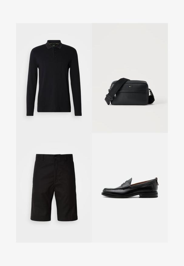 Schwarzes Langarm-Polohemd aus glattem Stoff. Verfügt über einen Kragen, eine Dreiknopfleiste und ein dezentes Logo auf der Brust.; Schwarze Shorts aus festem Stoff, mit geradem Schnitt, Knopfverschluss und glatter Textur ohne sichtbare Muster.; Schwarzer Leder-Herrenschuh mit Mokassinnaht, Penny-Riemen, strukturiertem Kragen und niedrigem gestapeltem Absatz auf weißem Hintergrund.; Schwarze, strukturierte Leder-Crossbody-Tasche mit vorderer Reißverschlusstasche und verstellbarem breitem Stoff-Schulterriemen auf weißem Hintergrund.