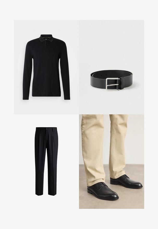 Schwarzes Langarm-Polohemd aus glattem Stoff. Verfügt über einen Kragen, eine Dreiknopfleiste und ein dezentes Logo auf der Brust.; Schwarze Hose aus glattem Stoff, mit geradem Bein-Design, Falten vorne und einem Knopfverschluss mit Gürtelschlaufen.; Schwarze Leder Schnürschuhe mit runder Zehenform, glatter Oberfläche und dezenten Nähdetails, getragen mit hellbeigen Hosen.; Schwarzer Ledergürtel mit glatter Oberfläche, ausgestattet mit einer rechteckigen silbernen Metallschnalle und mehreren Einstelllöchern.