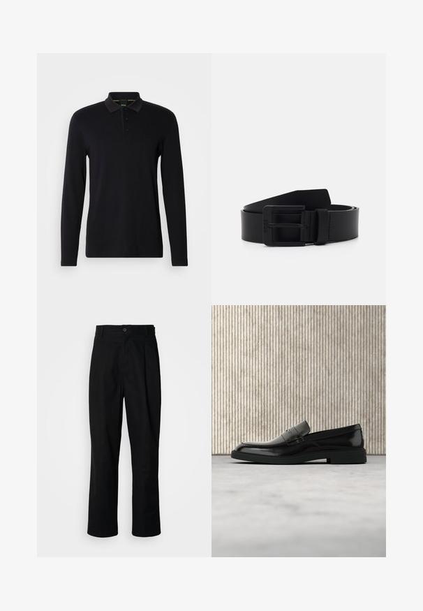 Polo negro de manga larga hecho de tela suave. Cuenta con un cuello, una tapeta con tres botones y un sutil logo en el pecho.; Pantalones rectos negros con cintura con botones, trabillas para cinturón y pliegue frontal, exhibidos sobre un fondo blanco liso.; Zapato loafer de cuero negro pulido flotando sobre una alfombra beige con muebles translúcidos naranjas de fondo.; Cinturón de cuero negro con un acabado mate, que presenta una hebilla metálica rectangular y una textura suave. Diseño simple sin patrones ni acentos.