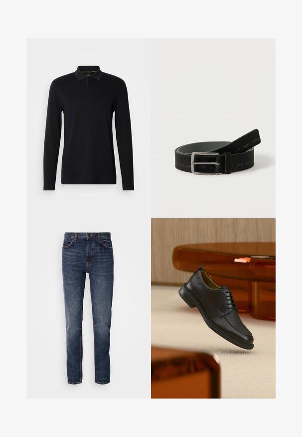 Polo negro de manga larga hecho de tela suave. Cuenta con un cuello, una tapeta con tres botones y un sutil logo en el pecho.; Jeans de mezclilla azul oscuro con un diseño de pierna recta, cinco bolsillos y costuras en contraste. Textura ligeramente desgastada con un ajuste clásico.; Zapato de vestir negro de piel con cordones y parte delantera texturizada, flotando sobre una alfombra beige en una habitación moderna con muebles de tono ámbar.; Cinturón de cuero negro con hebilla rectangular plateada, con el logo "BOSS" repetido en relieve, enrollado sobre fondo blanco.