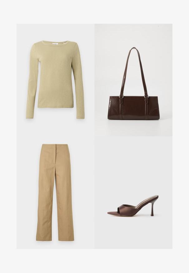 Camisa de manga larga en verde oliva claro, hecha de una tela suave con una textura lisa. Presenta un escote ancho y una silueta ajustada.; Pantalones rectos beige con frente plano, bolsillos laterales y una tela suave y ligera. Sin patrones visibles ni detalles de hardware.; Mule marrón de satén con punta abierta, con un tacón delgado de altura media y diseño slip-on sobre un fondo blanco liso.; Bolso de mano de piel sintética marrón con forma rectangular, dos asas largas y sutiles acentos curvados en la parte delantera.
