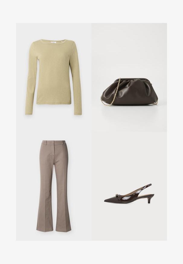 Camisa de manga larga en verde oliva claro, hecha de una tela suave con una textura lisa. Presenta un escote ancho y una silueta ajustada.; Pantalones beige de cintura alta con piernas anchas, detalles de costura frontal, trabillas para cinturón y cierre frontal oculto, mostrados sobre un fondo blanco.; Zapato slingback marrón oscuro brillante con punta afilada, tacón bajo de tipo kitten y pequeña hebilla decorativa en la correa frontal.; Bolso de mano de cuero marrón con un diseño fruncido, correa de cadena dorada y un acabado suave y texturizado. Forma compacta adecuada para uso nocturno.