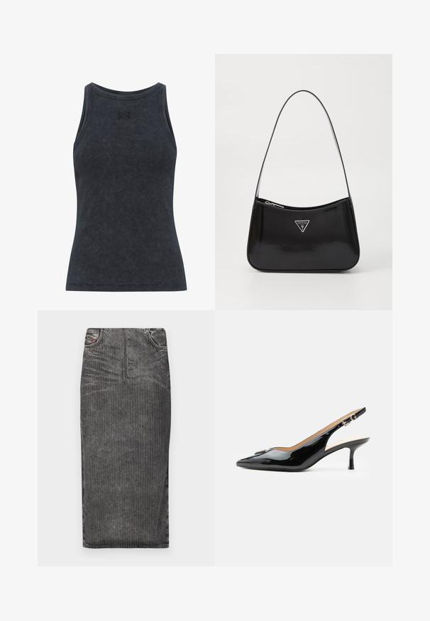 Tirante de canalé gris oscuro con cuello redondo y un diseño ajustado. Presenta un discreto detalle de logo en el pecho. Tejido suave y texturizado.; Falda midi de mezclilla gris con rayas verticales, con cintura alta, diseño de cinco bolsillos y dobladillo limpio.; Tacón slingback de charol negro con puntera puntiaguda, tacón pequeño tipo kitten y correa con hebilla plateada sobre un fondo blanco liso.; Bolso de hombro de charol negro con forma curva, que presenta un logotipo triangular plateado y un cierre de cremallera. Textura suave y correa delgada.