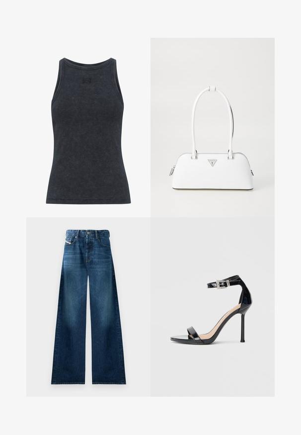 Dunkelgraues, geripptes Tanktop mit runder Ausschnittöffnung und figurbetontem Design. Verfügt über ein dezentes Logodetail auf der Brust. Weicher, strukturierter Stoff.; Weite Jeans aus Denim in dunkler Waschung. Verfügt über ein traditionelles Fünf-Taschen-Design, einen Knopfverschluss und leichte Ausbleichungen an den Oberschenkeln.; Schwarzer Riemchensandale aus Lackleder mit hohem Absatz und Knöchelriemen. Verfügt über ein minimalistisches Design, offene Zehenpartie und eine Schnalle mit Strassakzenten.; Weiße Lederhandtasche mit geschwungener Form, versehen mit einem silbernen dreieckigen Logo und einem Reißverschluss. Glatte Textur und zwei Griffe.