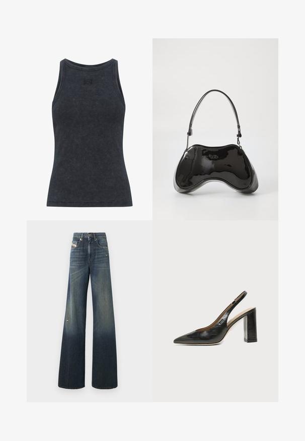 Dunkelgraues, geripptes Tanktop mit runder Ausschnittöffnung und figurbetontem Design. Verfügt über ein dezentes Logodetail auf der Brust. Weicher, strukturierter Stoff.; Weit geschnittene Jeans aus Denim in Dunkelblau mit einem ausgewaschenen Finish, mit einem abgenutzten Knie und klassischem Fünf-Taschen-Design mit Label.; Schwarzer Leder-Slingback-Schuh mit spitzer Kappe, hohem Blockabsatz und beigegefüttertem Innenraum vor hellem, einfarbigem Hintergrund.; Schwarze Handtasche aus lackiertem Leder mit einer einzigartigen, geschwungenen Form, kurzem verstellbarem Griff und einem Reißverschluss oben. Glatte Textur mit dezentem Branding.