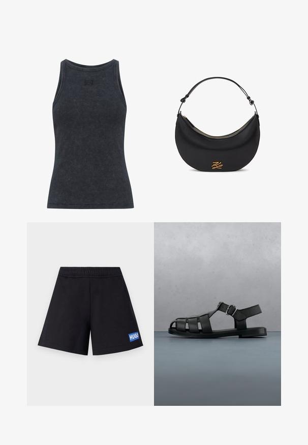 Donkergrijze geribbelde tanktop met een ronde hals en een aansluitend ontwerp. Kenmerkt een subtiele logo-detail op de borst. Zacht, gemeleerd stof.; Zwarte shorts met een relaxte pasvorm, elastische tailleband en een blauwe "HUGO"-logo op de linkerdij; gemaakt van zacht, ademend materiaal.; Zwarte leren herensandaal met gesloten teenbandjes, zijgesp en platte zool, zijaanzicht op witte achtergrond.; Zwart leren handtas in halvemaanvorm met verstelbare riem, gouden ritssluiting en goudkleurig gestileerd monogramdetail aan de voorkant.