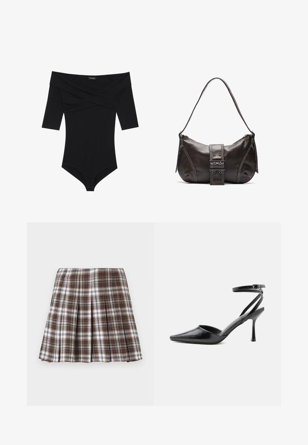 Mona de cuerpo negra con escote off-the-shoulder, mangas 3/4 y un diseño ajustado. Fabricada con un tejido suave y liso con costuras mínimas.; Falda plisada de cuadros marrones y blancos con un diseño estructurado y una textura nítida, que presenta una cintura alta y múltiples pliegues verticales.; Zapato de tacón alto negro de punta fina con delgadas correas en el tobillo y cierre de hebilla plateada sobre un fondo liso claro.; Bolso de hombro de cuero marrón con forma curva, que presenta un prominente detalle de hebilla, costuras en contraste y una sola correa para el hombro.