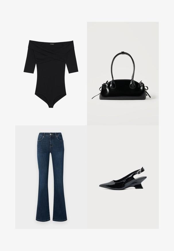 Mona de cuerpo negra con escote off-the-shoulder, mangas 3/4 y un diseño ajustado. Fabricada con un tejido suave y liso con costuras mínimas.; Vaqueros de mezclilla azul oscuro con cintura de altura media, estilo de cinco bolsillos y pierna acampanada, mostrados planos sobre un fondo blanco.; Zapato slingback de cuero charol negro con puntera puntiaguda y tacón bajo en bloque inclinado sobre fondo claro liso.; Pequeño bolso negro brillante con dos asas largas y detalles de cordón lateral sobre un fondo claro liso.