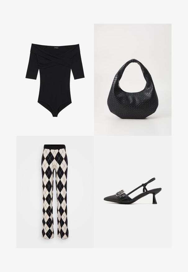 Mona de cuerpo negra con escote off-the-shoulder, mangas 3/4 y un diseño ajustado. Fabricada con un tejido suave y liso con costuras mínimas.; Pantalones de punto en blanco y negro con un patrón de rombos, con piernas acampanadas y una cinturilla elástica, que presentan una textura suave y formas de diamante.; Simmi London DALA - Tacones - black; Bolso de mano tejido en negro con un asa curvada, que presenta una superficie texturizada y una forma holgada. Acabado suave con una silueta orgánica.
