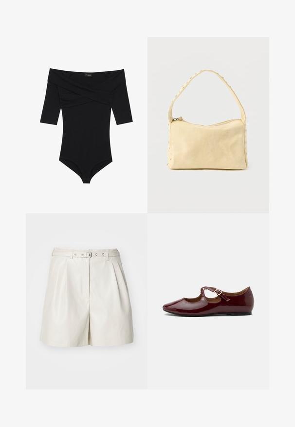 Čierny body s volánovým výstrihom, 3/4 rukávmi a priliehavým strihom. Vyrobený z mäkkej, hladkej látky s minimálnym švom.; ONLY Synthetic leather ONLHEIDI Mid waist Regular Fit - Šortky - pumice stone; Lesklá bordová Mary Jane balerína s T-remienkom a zlatou prackou na jednoduchom svetlom pozadí.; Malá béžová kožená kabelka s jedným remienkom a striebornými cvokmi pozdĺž okrajov a remienka, na jednoduchom pozadí.