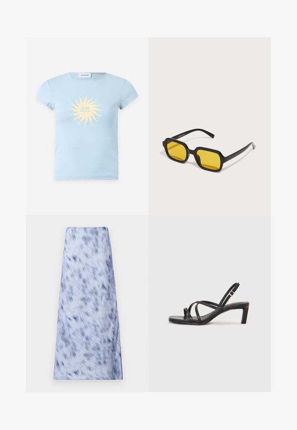 T-shirt bleu clair à manches courtes avec un graphisme de soleil jaune et le texte "CLUB SOLEIL" imprimé au centre devant.; Une longue jupe bleu clair avec un motif flou bleu foncé. Le tissu semble doux avec une texture lisse et un design simple.; Sandale noire à lanières avec un bout carré et un petit talon bloc. Elle présente plusieurs fines lanières et une sangle de cheville ajustable. Fabriquée en cuir lisse.; Lunettes de soleil rectangulaires noires avec des verres jaunes. Les caractéristiques incluent des montures épaisses et un design anguleux avec une finition lisse et brillante.