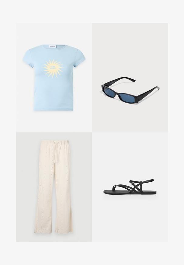 T-shirt bleu clair à manches courtes avec un graphisme de soleil jaune et le texte "CLUB SOLEIL" imprimé au centre devant.; Pantalons de couleur crème, amples, avec une taille élastique, un cordon de serrage et des détails en œillets le long du tissu et de l'ourlet. Bords en dents de scie.; Sandale plate noire avec fines brides, boucle réglable à la cheville et bride pour l’orteil sur un fond gris clair uni.; Lunettes de soleil noires avec une monture rectangulaire élégante et des verres bleus. Présente une texture lisse et des branches robustes. Logo de la marque sur le côté.