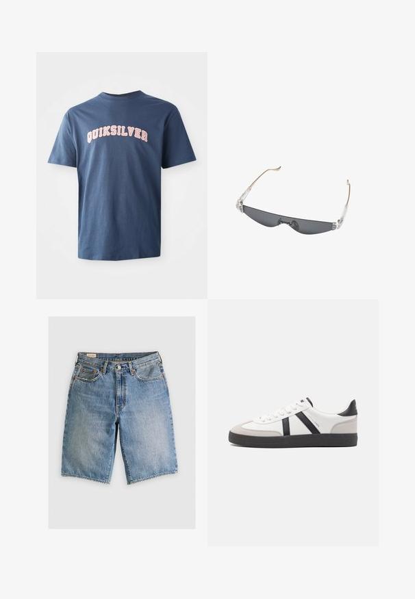Tumedate lühikeste varrukatega T-särk, millel on rinnal valged ja roosad ülikooliliku stiiliga tähed "QUIKSILVER".; Heledsinine teksapükste lühike mudel klassikalise lõikega. Sellel on viis taskut, oranžad õmblused ja toorikud servadega.; Valged tossud mustade ja hallide aktsentidega, tekstureeritud halli varbakattega, musta kummitald ja lamedad valged paelad. Puhtad jooned, minimalistlik stiil.; Õhukesed, ristkülikukujulised tumeda tooniga päikeseprillid läbipaistvate plastikkinnitustega ja õhukeste beežide käepidemetega, mille otsad on kõverad.