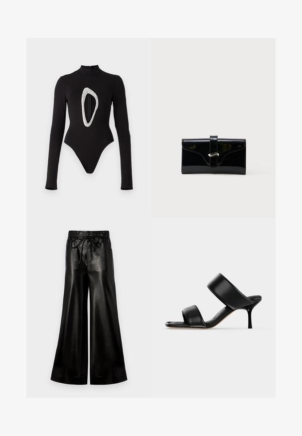 Bodysuit negro de manga larga con cuello alto, que presenta un gran corte ovalado brillante en la parte delantera. Tela suave con piernas de corte alto.; Pantalones de cuero negro de pierna ancha con cinturilla ajustable. Textura suave, talle alto, corte holgado, con bolsillos laterales y cierre de botón.; Sandalia mule de cuero negro con dos tiras anchas y un tacón de aguja delgado de altura media sobre un fondo claro y sencillo.; Cartera rectangular negra y brillante con una correa frontal y cierre de broche metálico plateado, colocada sobre un fondo blanco liso.