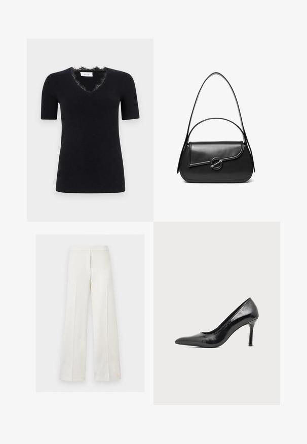 Haut en maille noir à manches courtes avec encolure en V bordée d'une délicate dentelle noire, silhouette ajustée, et étiquette de marque à l'intérieur du col.; Pantalon blanc taille haute à jambes larges avec fermeture éclair dissimulée à l'avant et design minimaliste sur fond uni.; Chaussure à talon haut pour femme en cuir verni noir avec bout pointu et talon fin sur fond clair uni.; Sac à bandoulière en cuir noir avec un rabat incurvé fermé par un fermoir métallique rond et une sangle fine et ajustable.
