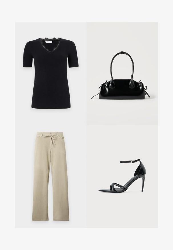 Haut en maille noir à manches courtes avec encolure en V bordée d'une délicate dentelle noire, silhouette ajustée, et étiquette de marque à l'intérieur du col.; Pantalons en velours côtelé beige à jambe large, avec poches avant, fermeture à bouton, passants de ceinture et une ceinture en tissu nouée à la taille.; Sandale à talon haut en cuir verni noir avec fine bride à la cheville, bout ouvert et design minimaliste sur fond clair uni.; Petit sac à main noir brillant avec deux longues anses et des détails à cordon sur les côtés sur un fond clair uni.