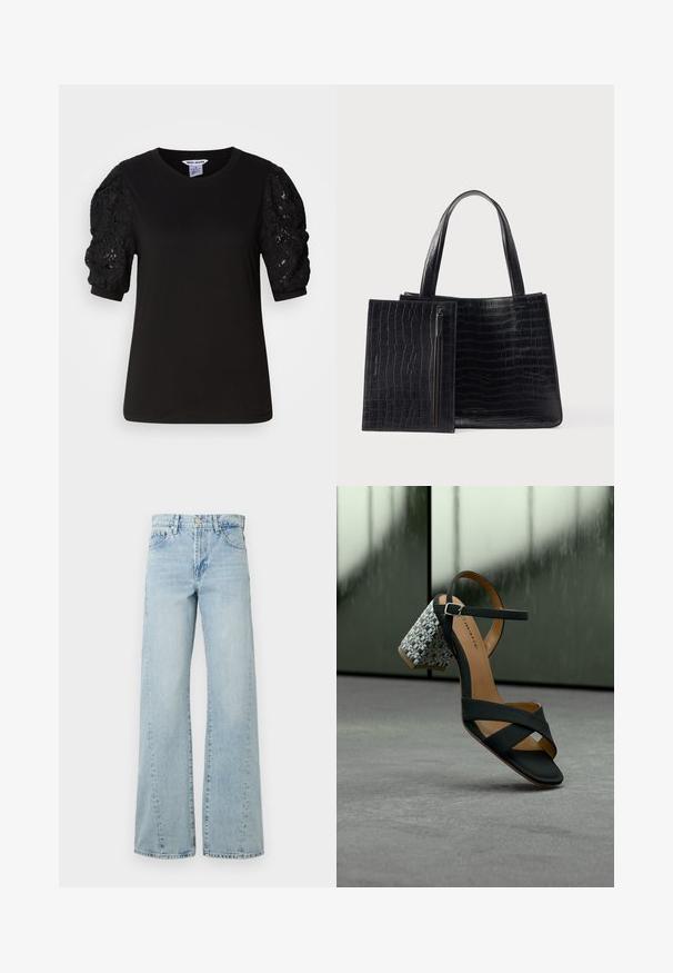 Sort t-shirt med korte ærmer, solid krop og teksturerede lace pufærmer, med rund udskæring og almindelig pasform.; Lyseblå brede jeans lavet af denim, med knappelukning, forlommer og falmede områder for tekstur og detaljer.; Sort sandal med flettet blokhæl, ankelrem med spænde og krydsede forreste stropper, placeret på en grå overflade med en reflekterende baggrund.; Sort tote taske med krokodillemønster, med glat tekstur og to robuste håndtag. Inkluderer et aftageligt lynlåsetui.