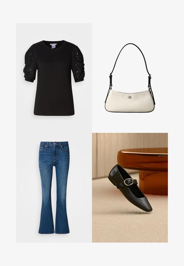 Schwarzes T-Shirt mit kurzen Ärmeln, solidem Körper und strukturierten Spitzenpuffärmeln, mit Rundhalsausschnitt und normaler Passform.; Blaue Schlagjeans mit einem ausgewaschenen Look, ausgestattet mit einem Knopf- und Reißverschluss, Fronttaschen und einem leicht weiteren Beinabschluss am Fuß.; Schwarzer Lederschuh im Mary-Jane-Stil mit silberner Schnalle, auf beigem Teppich neben einem braunen runden Tischfuß gezeigt.; Kleine schultertasche in cremefarben mit schwarzem Besatz, verstellbarem schwarzem Riemen und silbernem "cK"-Logo in der Mitte vorne.