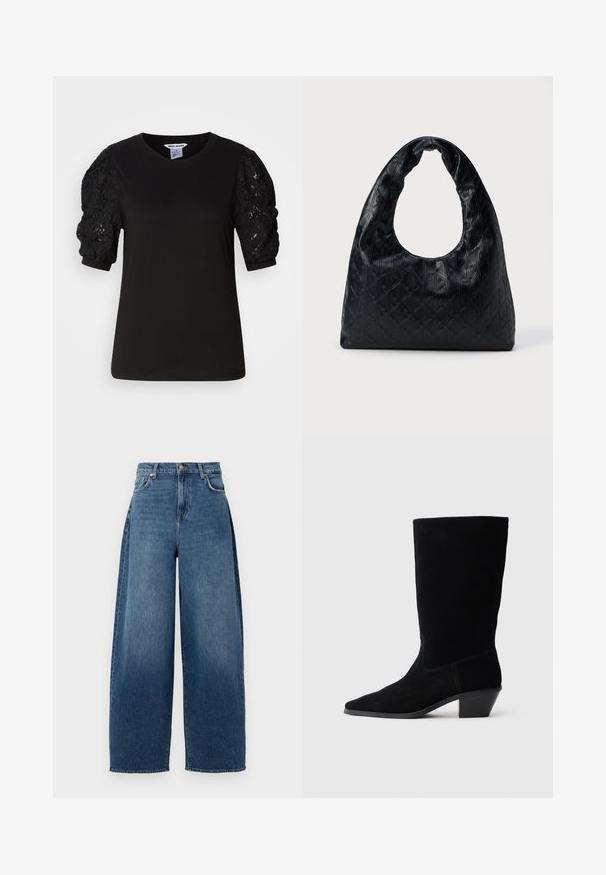 Sort t-shirt med korte ærmer, solid krop og teksturerede lace pufærmer, med rund udskæring og almindelig pasform.; Bredde ben jeans lavet af mørkeblå denim. Har høj talje, fem lommer og lukning med knap foroven. Let slidt tekstur i hele stoffet.; Sort ruskind ankelstøvle med spidse tæer, mellemhøj skaft og en chunky hæl. Fuldender et minimalistisk design med lidt syninger og en glat tekstur.; Sort læder håndtaske med en struktureret, rund form, der har et stort halvmåneudskåret håndtag og et struktureret diamantmønster.