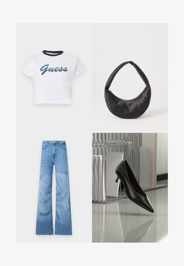 T-shirt blanc court à manches courtes, col bleu marine, avec le logo "Guess" en script bleu et noir sur la poitrine.; Jean bleu clair à jambes larges avec taille haute, bouton à l'avant et poches, présentant un motif floral subtil lavé sur les jambes.; Chaussure en cuir noir à bout pointu et talon kitten flottant au-dessus d'un sol gris moucheté, à côté d'un organiseur de fichiers en métal contenant des dossiers.; Sac à main en satin noir avec une forme courbée, doté d'une fermeture à glissière et d'un logo triangulaire en métal à l'avant. Texture lisse et design épuré.