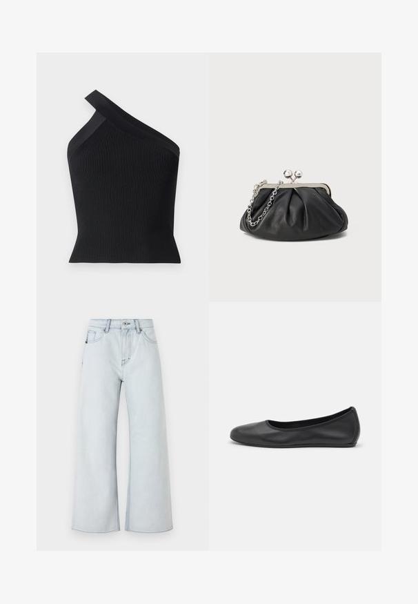 Iro FETHY - Top - black; Lysblå jeans med bred benedesign, lavet af denim. Funktioner fem lomme-stil, bæltestropper og knaplukning.; Sort læderballetsko med rund tå, glat tekstur, minimal syning og et fleksibelt såldesign.; Sort læder clutch med samlet tekstur, sølvfarvet metalramme, kys-lås lukning og kædestrop. Glat, blød overflade.
