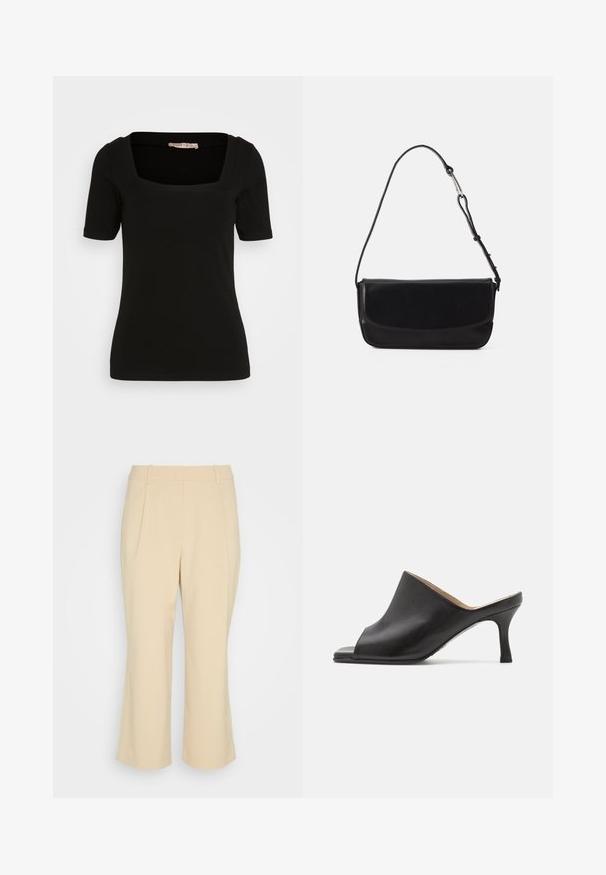 Čierny krátky rukáv top s štvorecovým výstrihom. Vyrobený z mäkkej, elastickej látky. Má precízne švy a priliehavý strih.; Esprit Collection PLEATED CULOTTE - Nohavice - sand; Selected ASHLEY - Šľapky na opätku - black; Vagabond DEIA - Kabelka - black