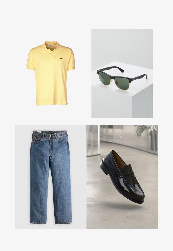 Polo amarillo hecho de algodón, con un cuello de dos botones, mangas cortas y un pequeño logo de cocodrilo negro en el pecho.; Jeans de mezclilla azul con un corte recto, que cuentan con una cintura alta, remaches de cobre y costuras naranjas. Incluyen bolsillos delanteros y traseros.; Mocasín de charol negro con un acento de costura, punta redonda, tacón bajo y superficie suave, exhibido sobre un fondo neutro.; Gafas de sol Ray-Ban con lentes verdes, montura de plástico negro y acentos dorados en los bordes. Forma cuadrada con acabado mate.