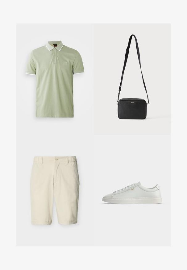 Polo shirt vert clair en coton, avec un col classique, une patte de boutonnage à deux boutons et des finitions blanches au col et aux manches. Logo carré sur la poitrine.; Shorts beige mi-longueur avec fermeture à bouton, bandes élastiques latérales à la taille, passants pour ceinture et poches latérales sur fond uni.; Baskets basses blanches en cuir avec lacets, semelle plate et petit logo doré "BOSS" sur le côté, vues de l'extérieur.; Sac bandoulière rectangulaire noir avec sangle réglable et logo BOSS sur le devant, sur un fond clair uni.