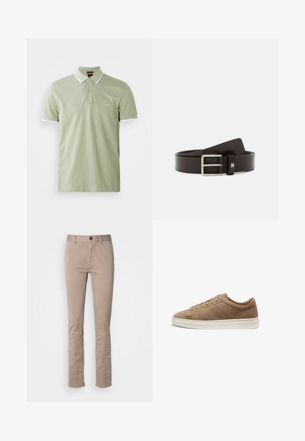 Polo shirt vert clair en coton, avec un col classique, une patte de boutonnage à deux boutons et des finitions blanches au col et aux manches. Logo carré sur la poitrine.; Chinos beige en coton avec un design à devant plat, coupe droite et style classique à cinq poches. Comprend une fermeture à un bouton.; Baskets basses en daim beige avec fermeture à lacets sur le devant et semelle en caoutchouc blanche, vue de côté, coutures minimales et logo de la marque en relief.; Ceinture en cuir marron avec une boucle en métal argenté rectangulaire. Texture lisse et design épuré, avec un petit accent près de la boucle.