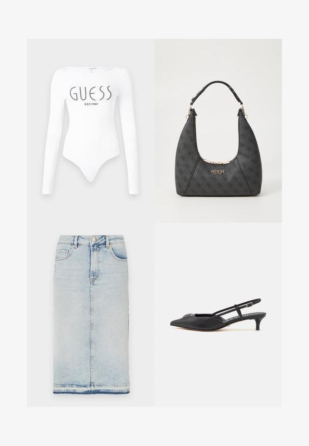 Hvid langærmet bodystocking med rund halsudskæring. Har "GUESS" logo og "EST.1981" trykt i sort på forsiden. Glat tekstur.; Denim midi-sund i lys blå, med fem lommer, lige snit og afsluttet med en rå kant. Klassisk metalknap og lynlåslukning.; Sorte slingback-sko med spids tå, lavet af glat materiale, med en lille hæl og en dekorativ sølvaccent på vamps.; Sort skuldertaske med et buet design, lavet af tekstureret materiale. Har et guld logo og lynlås lukning, med en glat rem.