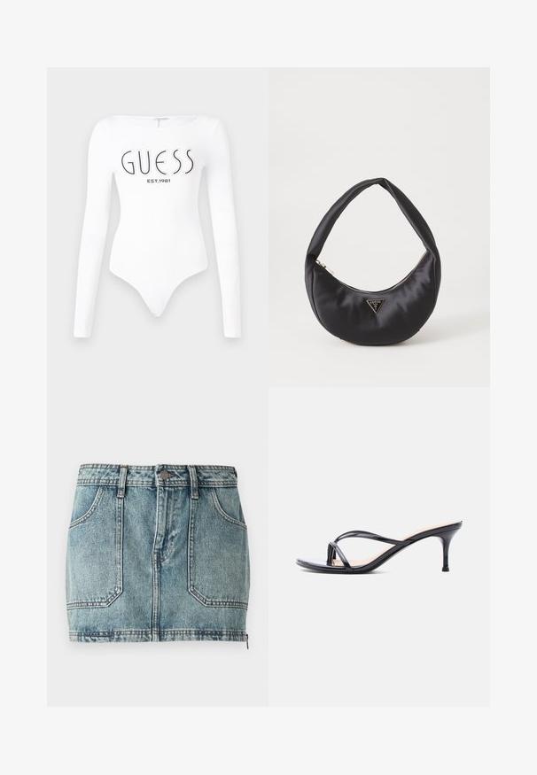 Hvid langærmet bodystocking med rund halsudskæring. Har "GUESS" logo og "EST.1981" trykt i sort på forsiden. Glat tekstur.; Lysblå denimminiskørt med fem lommer, bæltestropper, metalknaplukning og kontrastsyninger.; Sort laklædersandal med hæl, tynde krydsede remme og en slank mellemhøj stilethæl på en hvid baggrund.; Sort satin håndtaske med en buet form, der har en lynlåslukning og et trekantet logo i metal på forsiden. Glat tekstur og slankt design.
