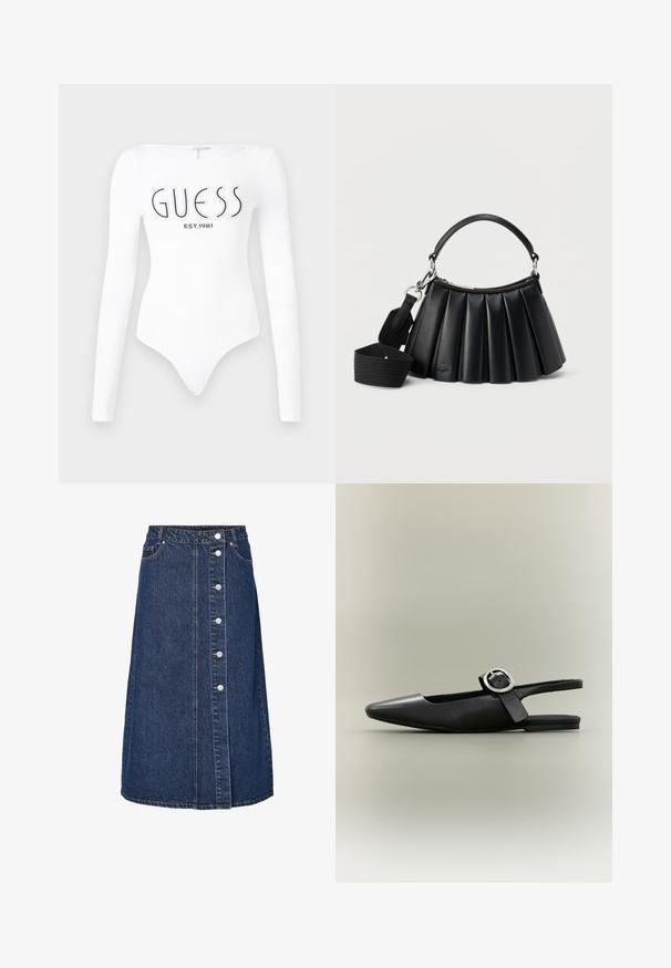 Biely dlhý rukáv body s okrúhlym výstrihom. Na prednej strane sa nachádza čierne logo "GUESS" a nápis "EST.1981". Hladká textúra.; Džínová sukňa s vysokým pásom, predným zapínaním na gombíky a dvoma bočnými vreckami. Tmavomodrá farba, rovný strih a viditeľné šitie.; Čierna plochá obuv so špicatou špičkou a striebornou prackou na neutrálom pozadí.; Čierna plisovaná kožená kabelka s krátkou rúčkou a odnímateľným širokým látkovým ramenným popruhom na bielom pozadí.