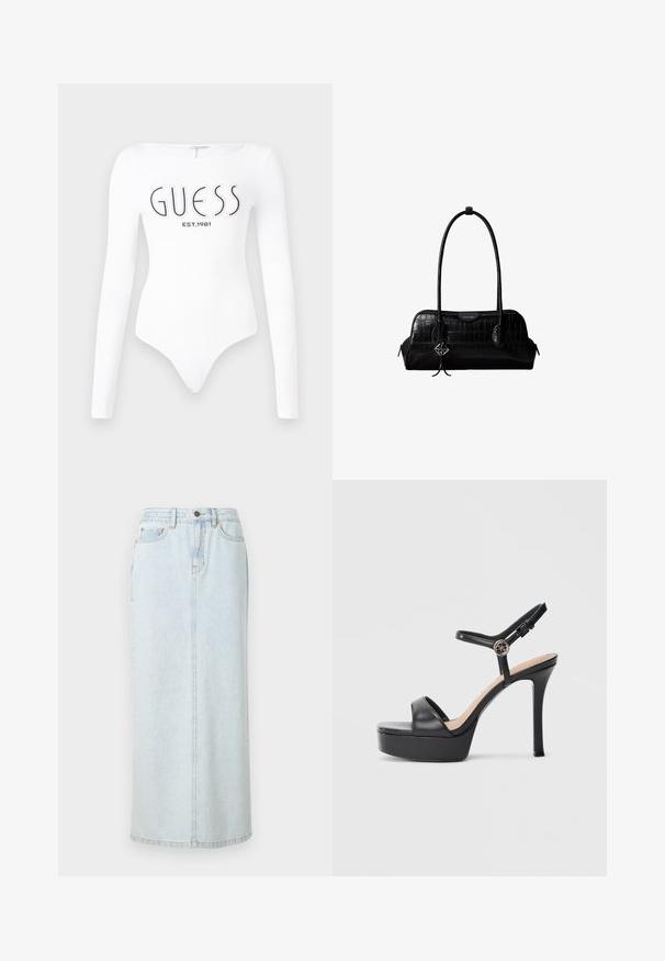 Hvid langærmet bodystocking med rund halsudskæring. Har "GUESS" logo og "EST.1981" trykt i sort på forsiden. Glat tekstur.; Lyseblå denim maxi-nederdel med lige design, frontknaplukning og synlige syninger. Har to frontlommer.; Sorte platformsandaler med høj stiletthæl, der har en glat læderoverdel, peep toe-design og en justerbar ankelrem med metalbeslag.; Sort skuldertaske i krokodillelæder med lange stropper og lille sølvlogo-charm på den ene strop.