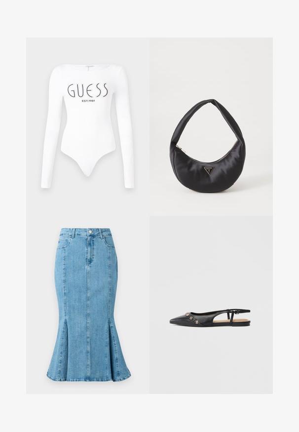 Hvid langærmet bodystocking med rund halsudskæring. Har "GUESS" logo og "EST.1981" trykt i sort på forsiden. Glat tekstur.; Lyseblå denim blyantskirt med flared nederdel og slidser i siden, med en frontknaplukning og lommer. Enkel, ren design.; Sort læder, spids tå, slingback-flad sko med gyldne dekorative vedhæng på overdelen og en lille spænde-rem ved hælen.; Sort satin håndtaske med en buet form, der har en lynlåslukning og et trekantet logo i metal på forsiden. Glat tekstur og slankt design.