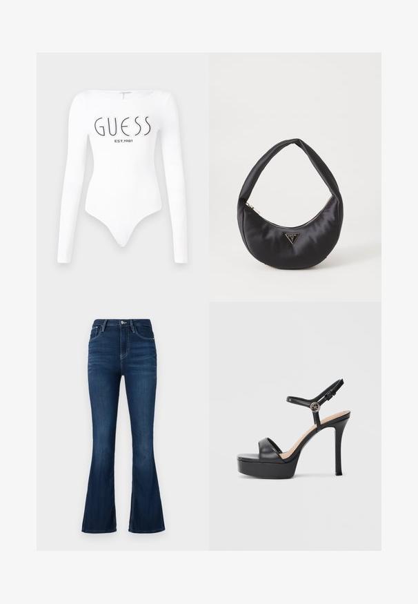 Hvid langærmet bodystocking med rund halsudskæring. Har "GUESS" logo og "EST.1981" trykt i sort på forsiden. Glat tekstur.; Høj talje flared jeans i mørk denim. Har en frontlukning med knap og lynlås, bæltestropper og en minimalt slidtegn.; Sorte platformsandaler med høj stiletthæl, der har en glat læderoverdel, peep toe-design og en justerbar ankelrem med metalbeslag.; Sort satin håndtaske med en buet form, der har en lynlåslukning og et trekantet logo i metal på forsiden. Glat tekstur og slankt design.