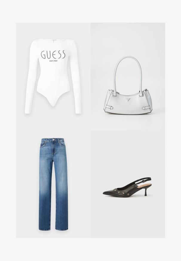 Hvid langærmet bodystocking med rund halsudskæring. Har "GUESS" logo og "EST.1981" trykt i sort på forsiden. Glat tekstur.; Lysblå denim jeans med lodrette hvide striber, lige ben-design, fem lommer og knaplukning i taljen.; Sort slingback-pumpe i læder med spids tå, lille hæl og dekorative metalakcenter langs frontåbningen. Glat tekstur.; Sølv håndtaske med et struktureret design, der har to håndtag, en skinnende overflade, accenthardware og et trekantet logo på fronten.