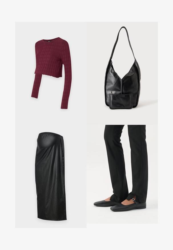 Bordeaux cropped langemouwtop met een geribbelde textuur. Ronde hals en aansluitende stijl, met verlengde mouwen. Zacht, rekbaar materiaal.; Zwarte, glanzende, knie-lange rok van schijnbaar synthetische stof met een elastische tailleband en een zijnaad voor een soepele Silhouet.; Benen met zwarte smalle broek met voorsplitten aan de zoom, gecombineerd met zwarte platte Mary Jane-schoenen met een klein gespje.; Zwarte leren schoudertas met een enkele riem en een bijpassend klein tasje aan de voorkant, tegen een effen achtergrond.