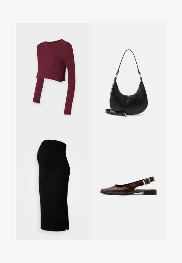 Top corto de manga larga burdeos con textura acanalada. Cuello redondo y estilo ajustado, con mangas alargadas. Tejido suave y elástico.; MAMALICIOUS MLLIF MIDI SKIRT - Falda de tubo - black; Zapato plano de piel marrón oscuro con tira trasera, punta cuadrada, textura de cocodrilo y hebilla plateada en la correa.; Bolso negro en forma de media luna con un asa corta, detalle de cadena dorada en un lado y una correa larga desmontable.