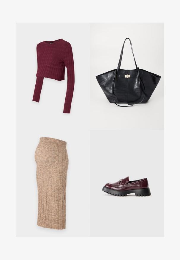 Bordeaux cropped langemouwtop met een geribbelde textuur. Ronde hals en aansluitende stijl, met verlengde mouwen. Zacht, rekbaar materiaal.; Bruine geribbelde rok met een elastische taille, knielengte, met een soepele textuur en een consistent patroon, zijaanzicht weergegeven tegen een witte achtergrond.; Bordeaux lederen loafers met een ronde neus, zadeldesign, zilveren hardware-accenten en een stevige zwarte rubberen zool met zigzagprofiel.; Zwarte tote bag met een krokodillenpatroon, gladde textuur, dubbele schouderbanden en een centrale goudkleurige hardware detail.