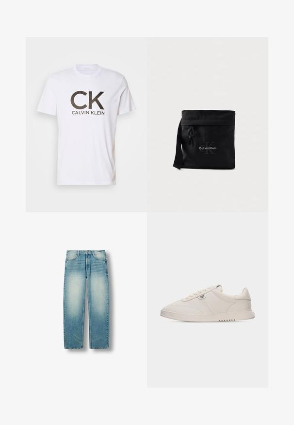 Witte katoenen t-shirt met een groot zwart "CK" logo en "CALVIN KLEIN" tekst eronder. Klassieke ronde hals en korte mouwen.; Lichtblauwe denim jeans met rechte pijpen, vervaagde dijbeenzones, voorzakken, riemlussen en knoopsluiting.; Witte lage sneaker met vetersluiting, gladleren bovenwerk, subtiele stiksels en een klein metalen logo aan de zijkant.; Zwarte nylon crossbodytas met bovenste sluiting, voorzien van een logo-opdruk en verstelbare riem. Gladde textuur en minimalistisch ontwerp.
