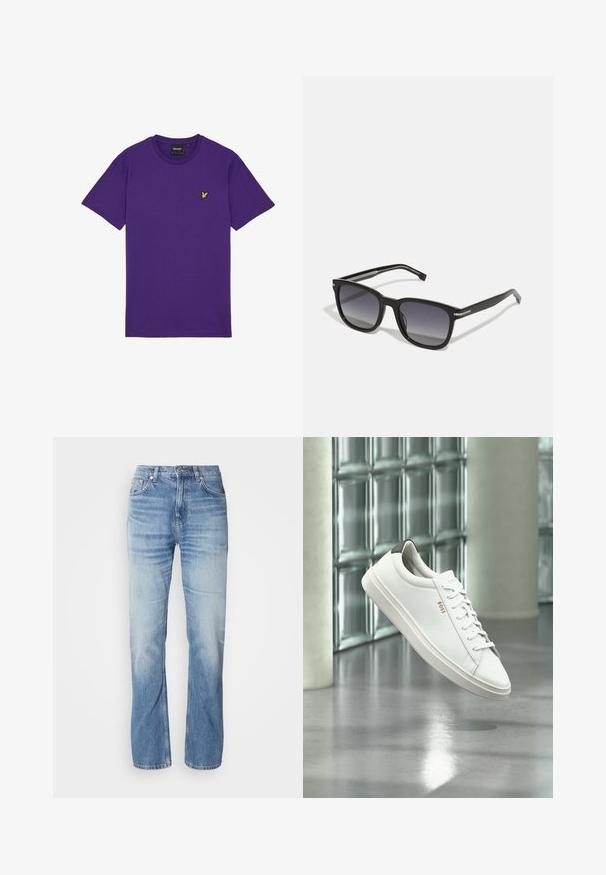 T-shirt en coton violet à manches courtes, col rond, avec un petit logo d'oiseau jaune sur le côté gauche de la poitrine. Design simple et épuré.; Jean en denim bleu clair avec une coupe droite, finition délavée, cinq poches et une fermeture à bouton. Design classique et épaisseur moyenne.; Baskets basses en cuir blanc avec lacets, languette de talon noire et logo « BOSS », flottant à l'intérieur près d'un mur en blocs de verre et d'un sol poli.; BOSS Lunettes de soleil - black