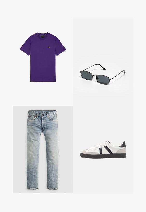 Paarse katoenen t-shirt met korte mouwen, ronde hals en een klein geel vogellogo op de linkerborst. Simpel en ongekleed ontwerp.; Lichtblauwe denim jeans met rechte pijpen, met knoopsluiting, voorzakken en riemlussen, plat weergegeven op witte achtergrond.; Witte sneaker met zwarte en grijze accenten, voorzien van een grijze neus met textuur, zwarte rubberen zool en platte witte veters. Schoon ontwerp, minimalistische stijl.; Zwarte rechthoekige zonnebril met dun metaal montuur en donkere glazen, liggend op een wit oppervlak.
