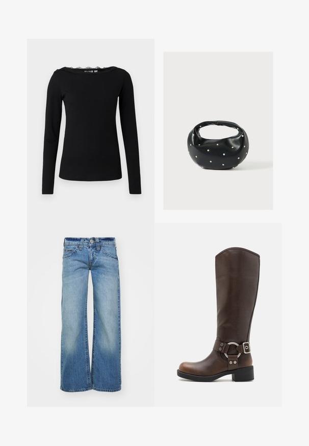 Schwarzes Langarmoberteil aus geripptem Stoff. Mit einem gewellten Spitzenkragen. Schlichte, figurschmeichelnde Silhouette mit geradem Saum.; Hellblaue weit geschnittene Jeans aus Denim-Stoff mit einer ausgewaschenen Optik, fünf Taschen und einem Knopfverschluss mit Gürtelschlaufen.; Braune Leder-Knöchelstiefel mit einer runden, metallischen Akzent und Schnalle. Leicht strukturierte Oberschicht, gestapelter Absatz und runde Zehenform.; Schwarze Lederhandtasche mit abgerundeter Form, verziert mit silbernen Nietenakzenten und kurzem Griff. Glatte Struktur und Reißverschlussverschluss.