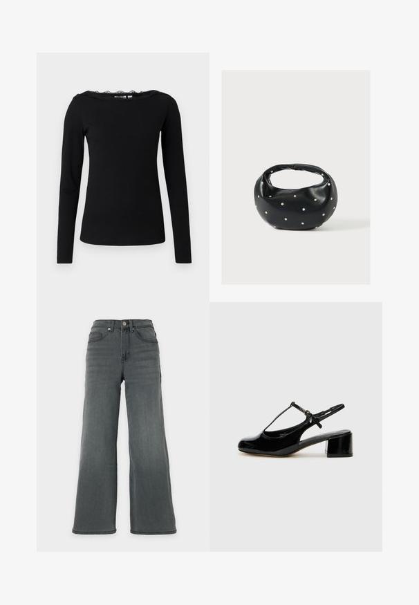 Schwarzes Langarmoberteil aus geripptem Stoff. Mit einem gewellten Spitzenkragen. Schlichte, figurschmeichelnde Silhouette mit geradem Saum.; Hoch taillierte, weit geschnittene Jeans aus dunkelgrauem Denim mit vorderen Taschen und einem Knopfverschluss vor neutralem Hintergrund.; Schwarzer Lackleder Slingback-Schuh mit einem T-Riemen-Design, runder Zehenform und einem niedrigen Blockabsatz. Verfügt über einen flexiblen Knöchelriemen.; Schwarze Lederhandtasche mit abgerundeter Form, verziert mit silbernen Nietenakzenten und kurzem Griff. Glatte Struktur und Reißverschlussverschluss.